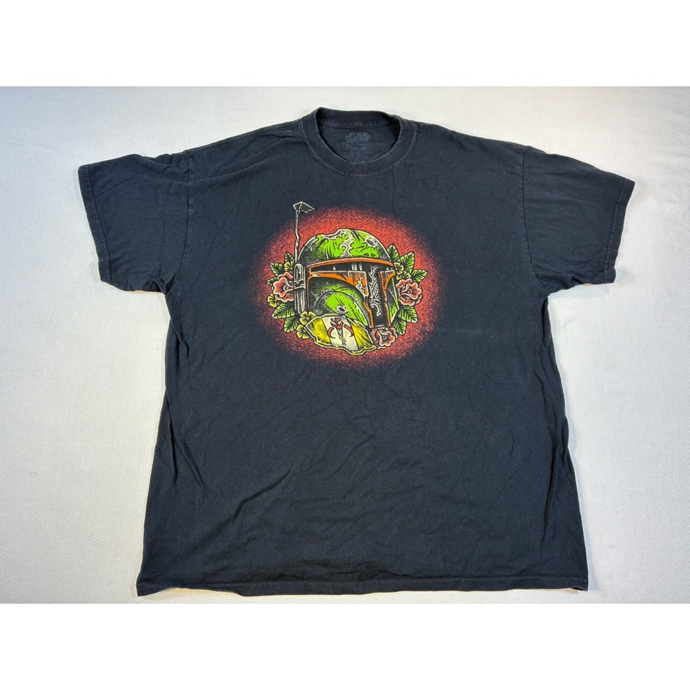 Star Wars Boba Fett Helmet Tattoo‎ Rose Graphic Tee Black Mens XL Short Sleeve